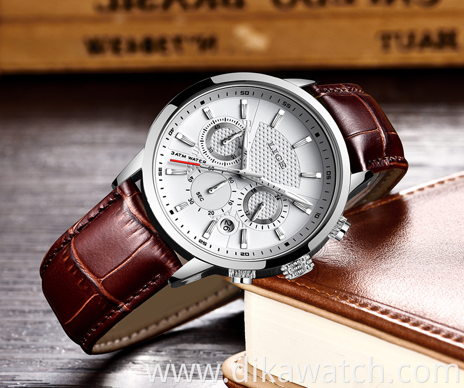 LIGE Mens Watches Top Brand Leather Chronograph Waterproof Sport Automatic Date Quartz Watch For Men Relogio Masculino